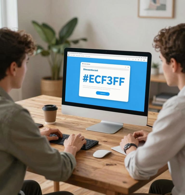 Two creative professionals at Dbocaenbocast collaborating over a large wooden table, planning a digital media campaign, cozy lifestyle atmosphere, natural textures, #ECF3F4 highlights.