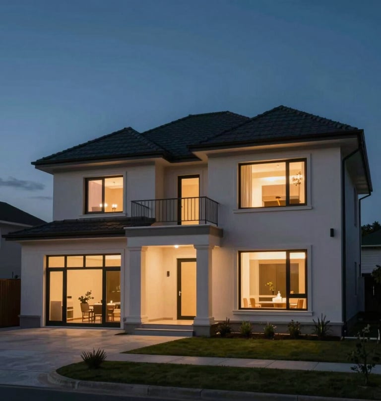 A twilight shot of the finished house extension. The interior lights glow warmly with a #B85C3D hue against the deep #2F4F4F blue of the evening sky. The architecture looks inviting and structurally precise.