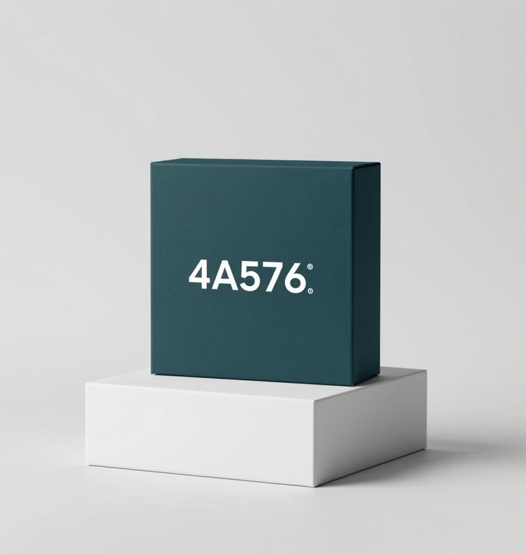 Premium packaging mockup for the brand identity. Clean design with #4A5763 accents on #F8F8F4 boxes. Minimalist and professional studio shot.