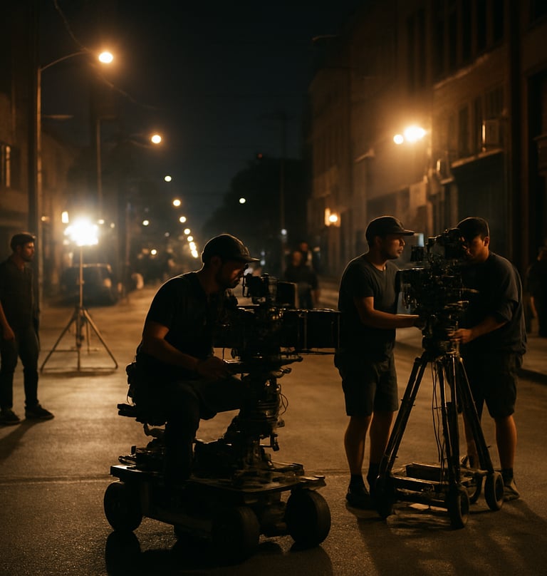 A behind-the-scenes wide shot of a professional film crew operating large camera rigs on a North American urban street at night, dramatic lighting illuminating the cinematic set.