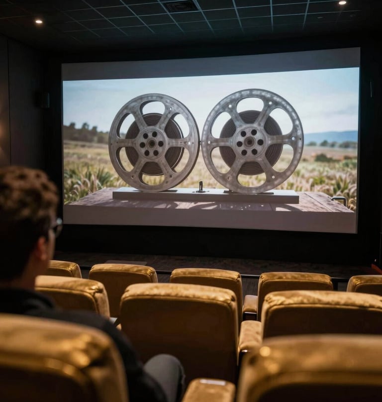 An over-the-shoulder shot of a person viewing a cinematic reel on a large screen in a dark, luxury screening room. Warm golden lighting accents the furniture. Global / Western.