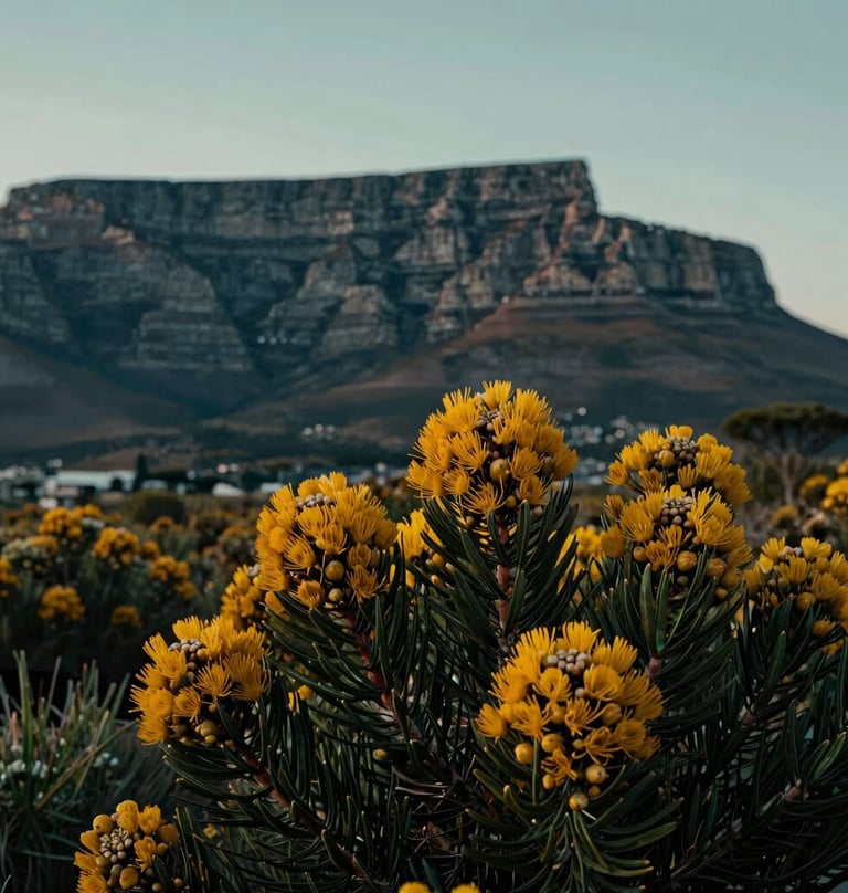 A stunning nature photograph of South African Fynbos flowers in the foreground, with the iconic Table Mountain silhouette under a soft evening sky of muted teal. Captures the beauty of the natural world with professional artistry.