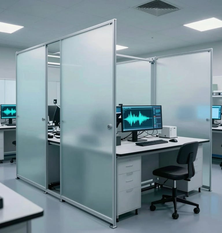 A wide cinematic shot of a contemporary art laboratory. Frosted milky glass partitions catch the glow of deep teal computer screens showing frequency waves. The environment is clean, clinical, and sophisticated.