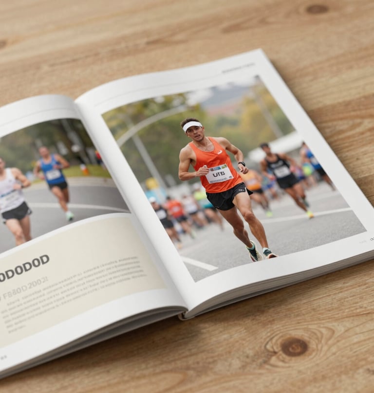 A lifestyle shot of a sports magazine spread open on a wooden table, featuring the marathon photos. The layout is clean, professional, and incorporates the #0D0D0D and #F2F1ED brand colors in the graphic design.