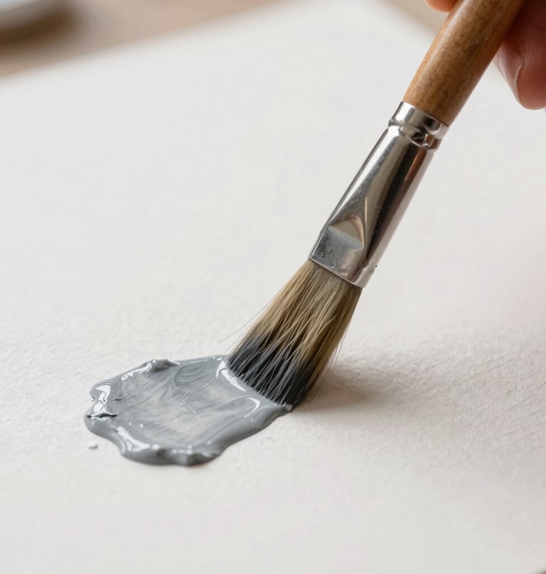 Close-up detail shot of a watercolor brush applying #A89B90 paint to thick, elegant paper, conveying craftsmanship and artistry.