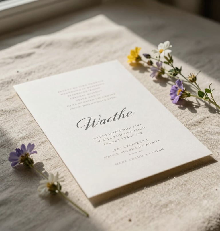 A detailed still life of a wedding invitation and small wildflowers on a soft sand colored linen surface. Sun-drenched light from a window creates soft shadows. Authentic and personal North American setting.