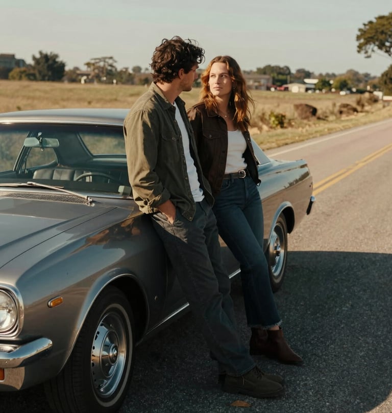 A candid shot of a North American couple leaning against a vintage car on a rural road, warm sun-drenched environment, cinematic film style with deep shadows and Charcoal tones in the vehicle.
