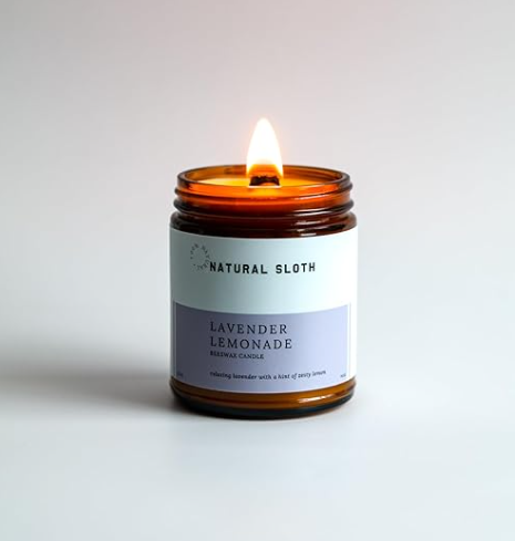 Natural Sloth Lavender Lemonade beeswax candle with wood wick in amber glass jar MADE SAFE certified