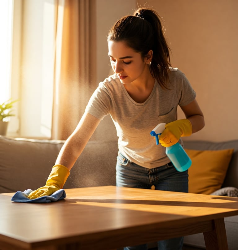 mujer limpiando una mesa de madera