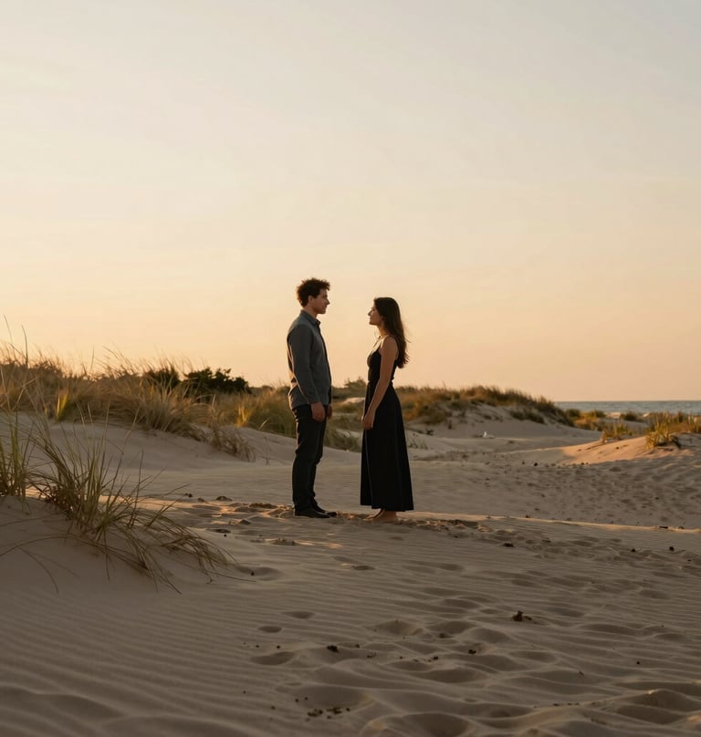 A couple standing on the sandy dunes of Lake Michigan during the golden hour. The sky is a pale cream and light orange. North American / US (West Michigan) setting, romantic and sophisticated.