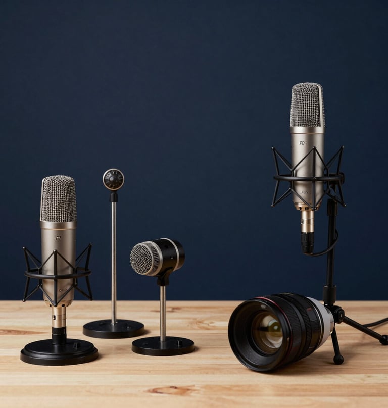 Photography of a Foley recording setup with various props and microphones in a clean studio space, Dark Navy background.