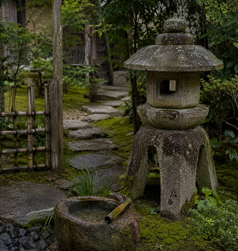 Traditional Japanese garden with a stone lantern, water basin, and mossy stone path.