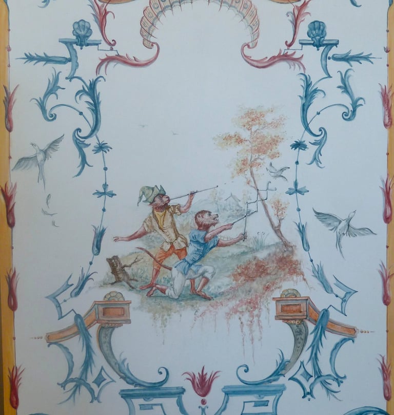 Peinture inspirée du style et genre pictural des Singeries du 18ème siècle.
