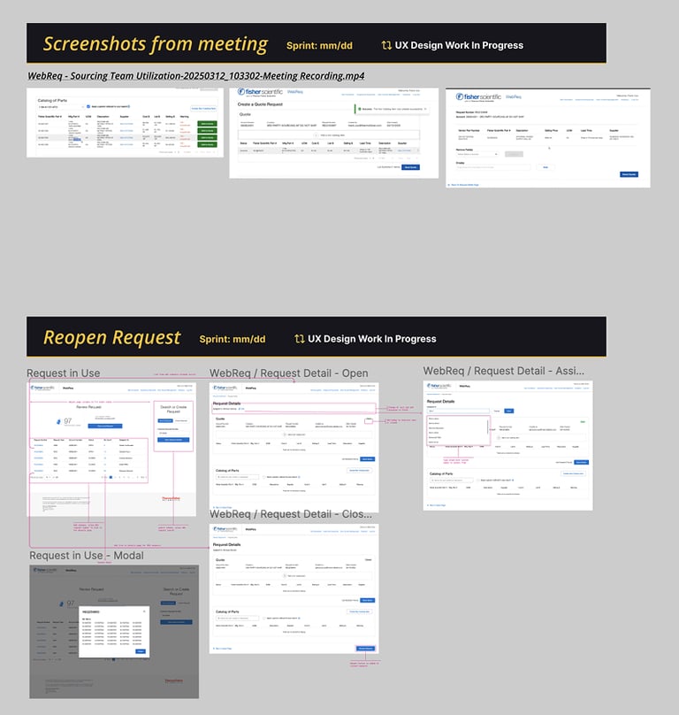 UX design wireframes for a procurement software interface showing meeting screenshots and reopen request workflows.