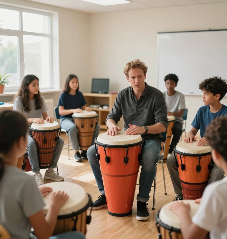 A music appreciation class for beginners in a bright International / English-speaking community center. A teacher is showing students the basics of rhythm on vibrant coral colored percussion instruments. The room is filled with soft off-white light.