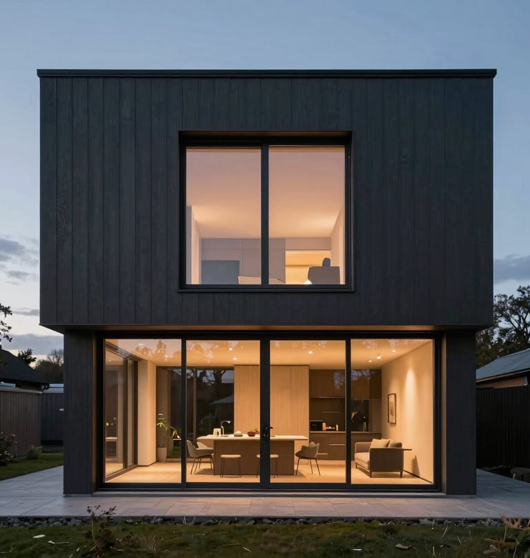An exterior architectural shot of a minimalist villa in Northern Europe at dusk. The building features dark gray cladding and expansive glass windows that reveal a warm, dimly lit interior. The composition is balanced and elegant.