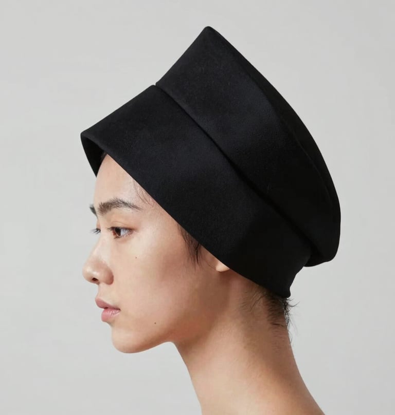 Close-up of a model's profile wearing a bold, geometric headpiece in black #0F0F0F. Sharp focus on the craftsmanship, against a light gray #D0D0D0 background. Artistic and refined.