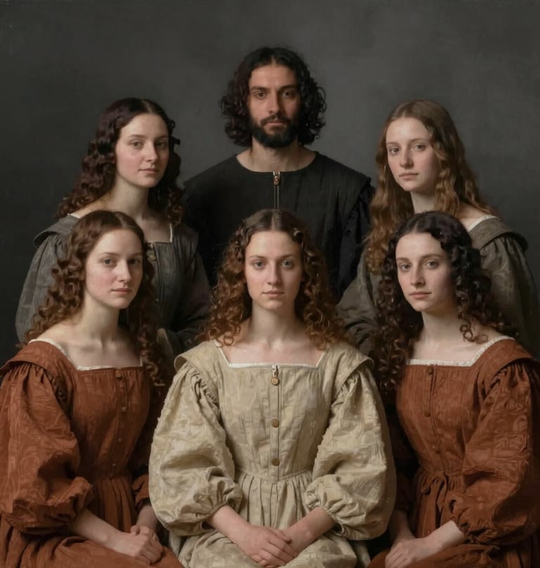 A group portrait with a Renaissance composition, people arranged in a triangle. Soft skin tones against a charcoal #363131 background. The clothing incorporates sand #F8F4ED and terracotta #A3533F tones. Moody lighting, evocative of an old master painting.