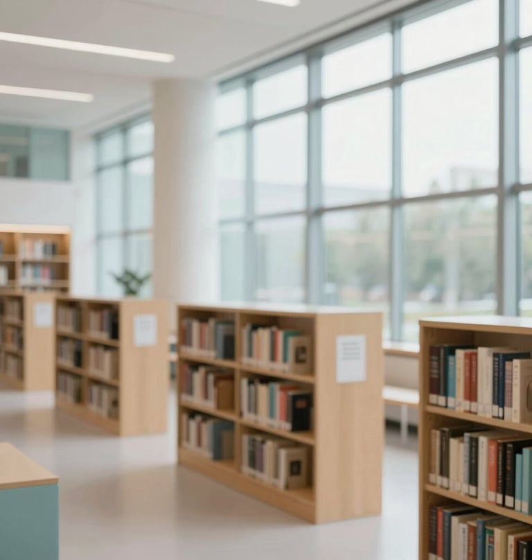 An inviting, bright interior of a modern library with clean lines and floor-to-ceiling windows. The bookshelves are organized and feature pops of #7A9E9F and #D4B281 colors. The style is sophisticated and resourceful.