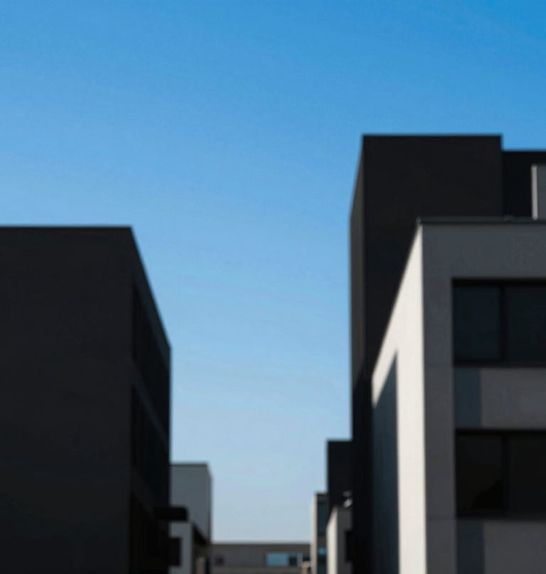 An abstract composition of architectural lines in Paris. Flat #0050B3 blue sky and #1A1A1A black buildings. Graphic, bold, and asymmetric layout.