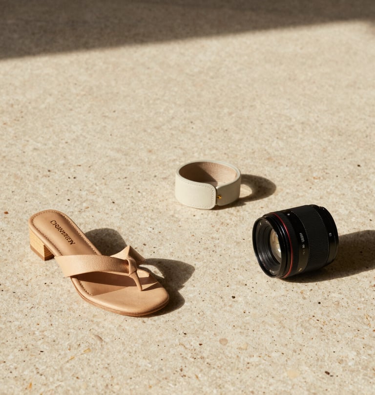 A high-fashion still life photograph showcasing handcrafted personal accessories on a solid travertine stone surface. Warm side lighting, editorial magazine layout with generous negative space, neutral sand and cream color tones.