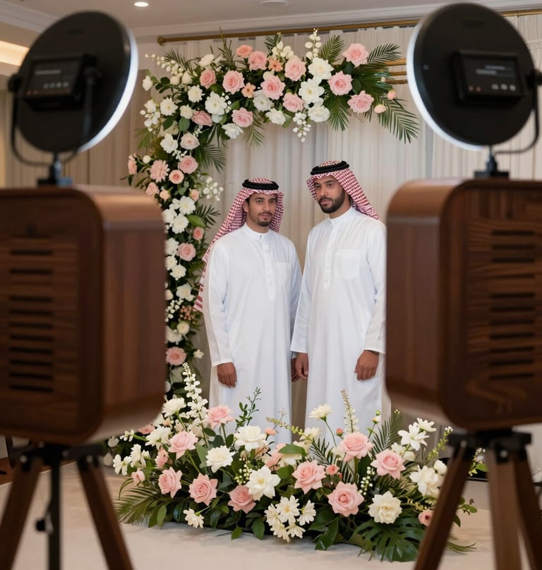 A luxury photobooth setup at a Middle Eastern wedding, decorated with fresh flowers in light pink and white, professional lighting equipment visible, elegant and inviting festive atmosphere.
