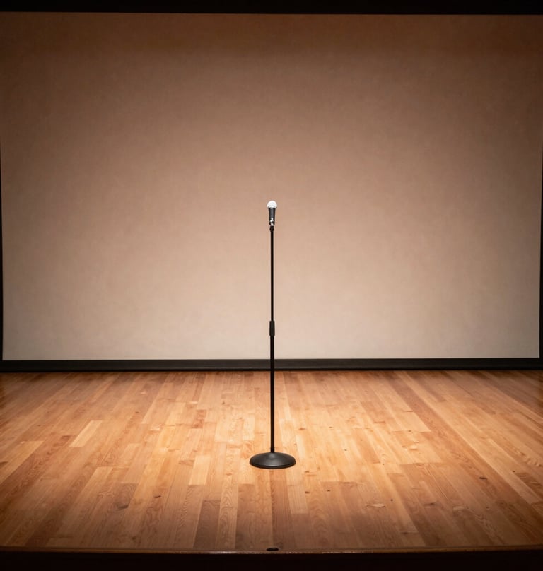 A wide shot of an intimate stage in a North American / US jazz club. A single microphone stand and a Warm Taupe wooden floor are illuminated by a Soft Pearl Beige spotlight, capturing an atmosphere of creative passion.
