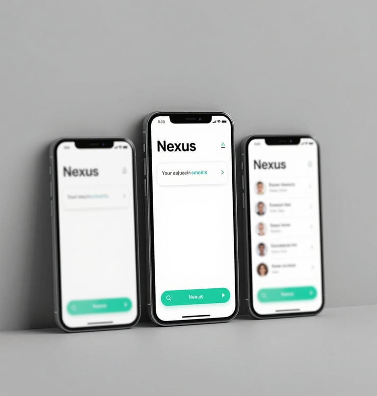 Three smartphones leaning against a neutral gray wall, each showing a different screen of the Nexus app with clean white space, sophisticated typography, and teal accents.