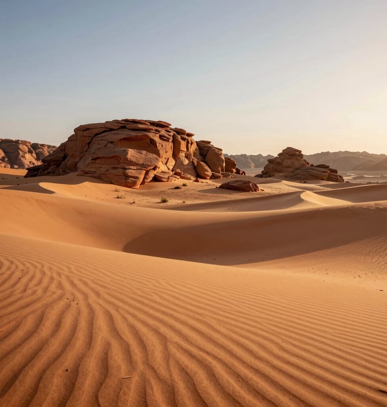 A breathtaking landscape where terracotta rocks meet soft sand dunes under a cinematic, sun-drenched sky. The lighting is warm and inviting, capturing the vast, elegant simplicity of the desert at golden hour.