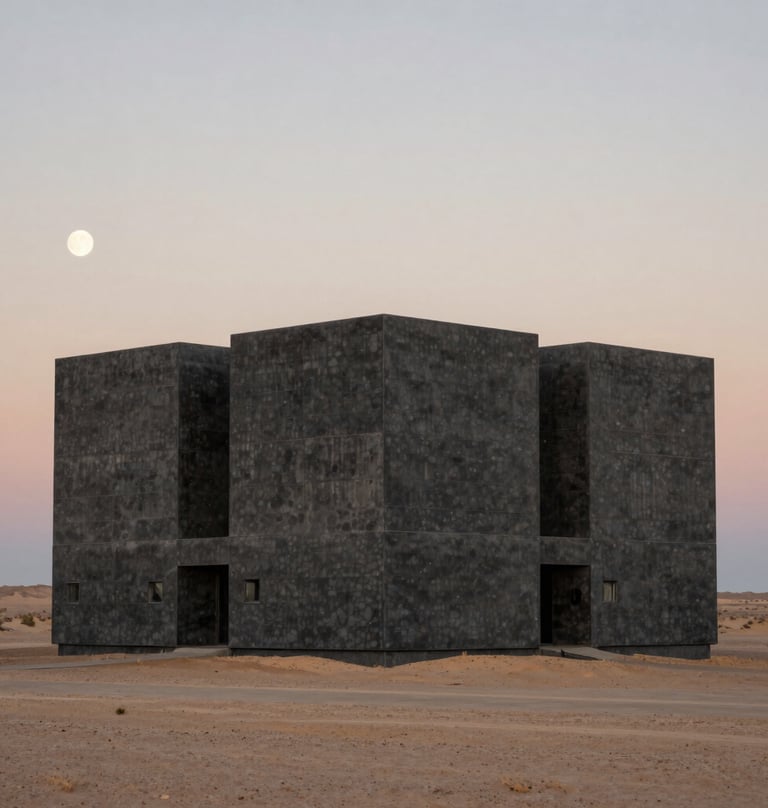 A cinematic long shot of a monolithic structure in a desolate North American desert. The texture of the building is dark gray concrete, illuminated by a soft ivory moon. Professional photography style.