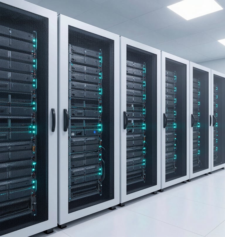 A clean, architectural photograph of a high-tech server room or systems laboratory with pristine white floors and white server racks glowing with subtle teal LED lights. A sense of sophisticated computer engineering and data protection, shot with a wide-angle lens, sharp focus.