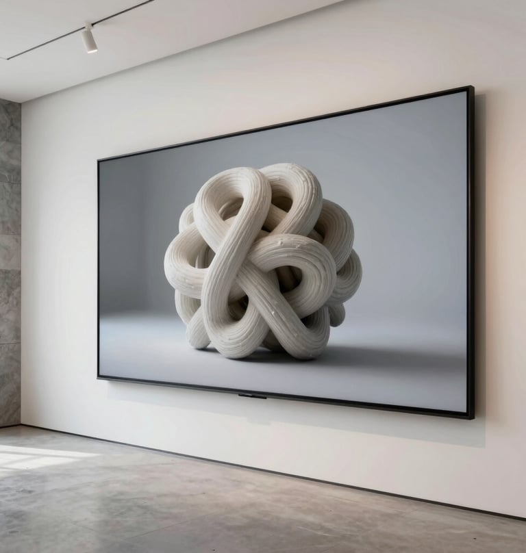 A minimalist North American / US art gallery interior with a large high-resolution digital screen showcasing a complex 3D sculpture, soft pearl white walls, elegant slate gray accents.