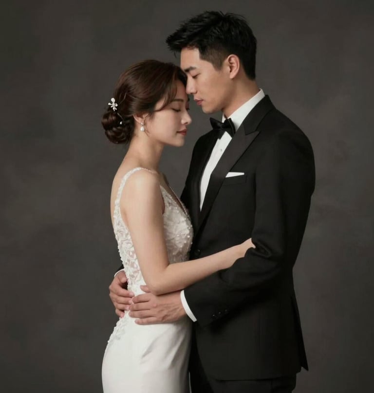 A sophisticated wedding portrait of a couple embracing. The composition is artistic and timeless. Lighting is moody and elegant, with deep shadows in #3A3335 and highlights in #F5F2F0. Shows a professional touch for high-end clients.