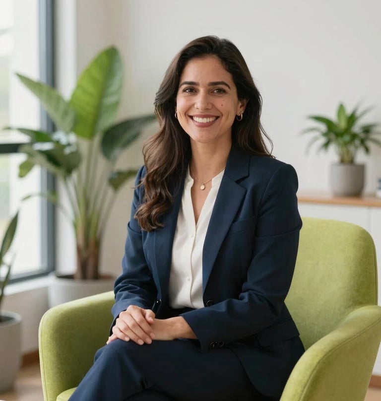 Cheerful portrait of a professional Chilean female psychologist wearing smart-casual clothing, smiling in a bright room with interior plants and a bright green modern chair. Soft afternoon light, professional healthtech vibe.