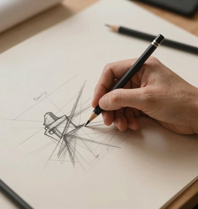 Top-down view of an architect's hand sketching on a clean drafting table. Monochrome style with Charcoal pencils and Sand-colored paper. Authorial and thoughtful tone.