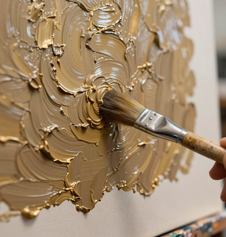 A macro photograph of thick, textured oil paint in Antique Bronze and Soft Gold being applied to a canvas with a professional brush in an International / Global Art Scene atelier.
