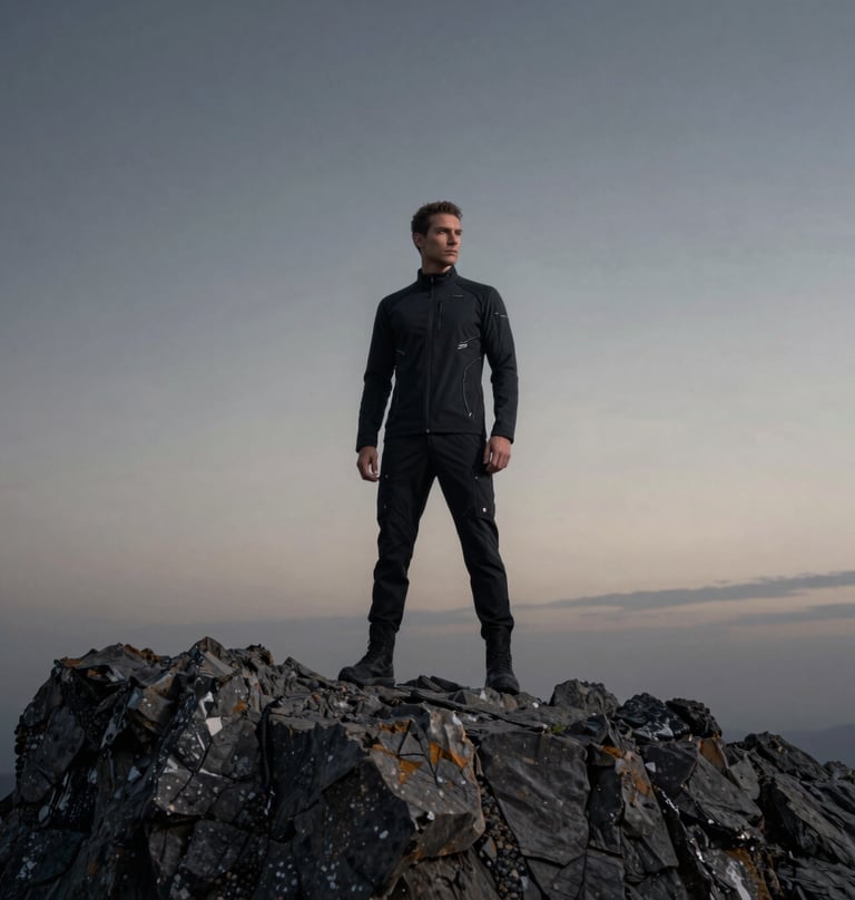 Cinematic wide shot of a male model standing on a jagged cliffside at dusk, wearing charcoal black techwear, the sky is a gradient of silver mist and deep graphite, epic composition.