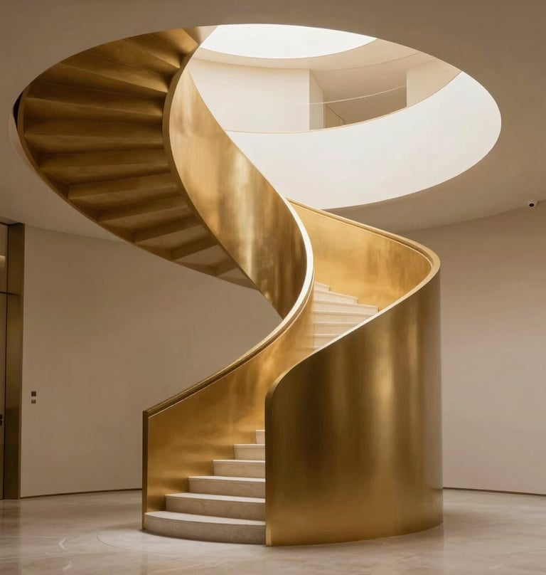 Un plan fixe cinématographique montrant un escalier en colimaçon éclairé par une unique source lumineuse dorée, design avant-gardiste, esthétique luxueuse et minimaliste, contexte Western European / French.