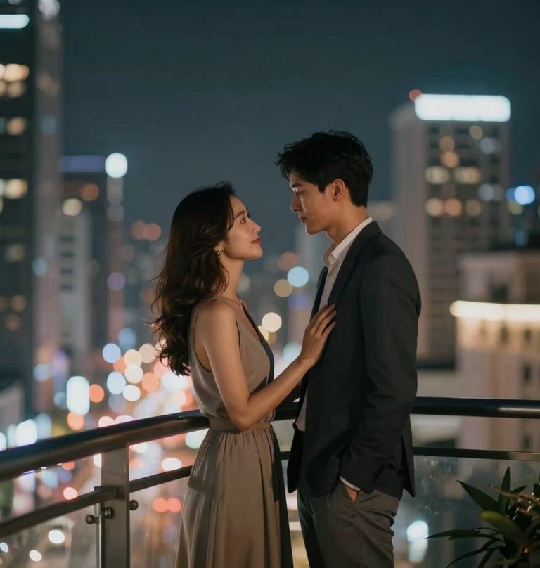 A cinematic shot of a couple standing on a city balcony at night. Professional lighting captures the contemporary mood with #20232B and #6E6D74, reflecting the urban elegance of Joy Liu Media.