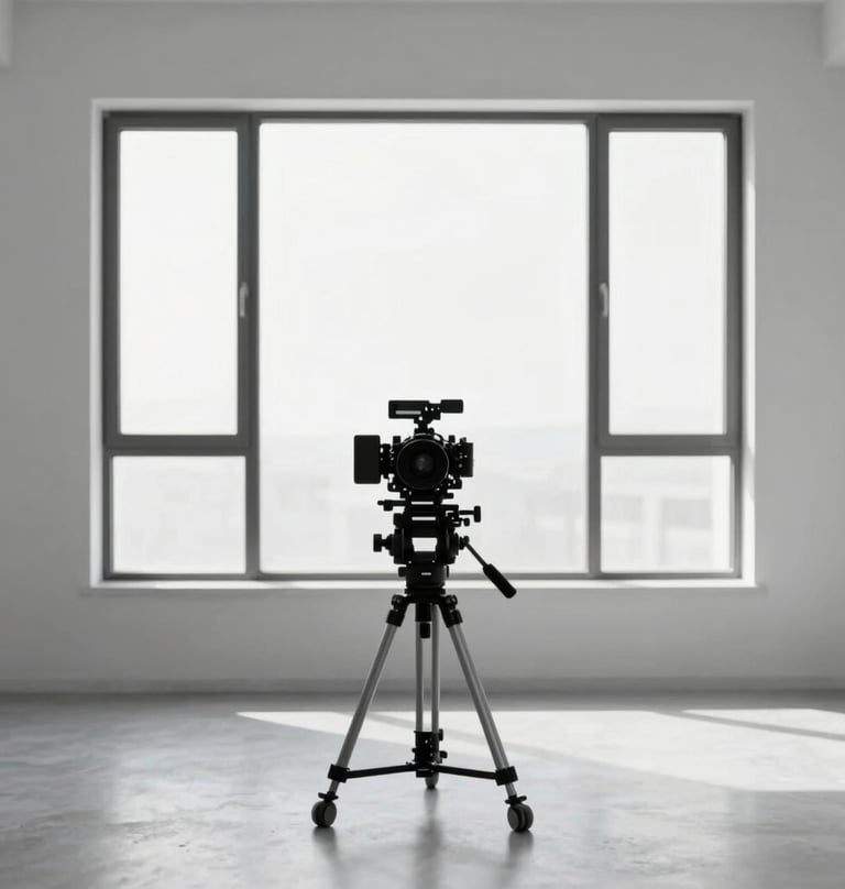 Wide shot of a professional film set in a minimalist studio. A gimbal-mounted camera stands before a large window. The aesthetic is contemporary and clean, using a palette of #F2F5F7 and #4A616F.