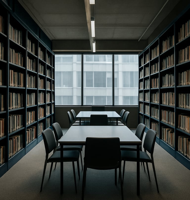 A wide-angle shot of a modern, professional library in São Paulo, Brazil. Dark blue shelves filled with books surround a sleek reading area, with soft light gray light filtering through large windows, creating a serene environment.