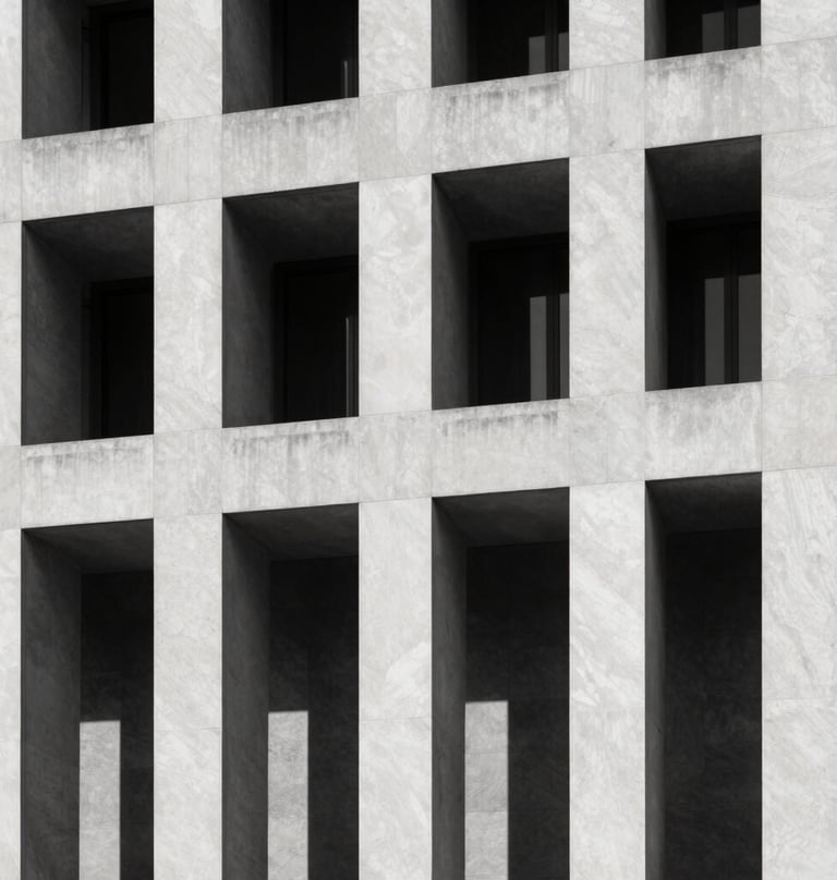 A black and white architectural photograph of a minimalist modern building facade with clean lines and sharp shadows. The style is intellectual and serious, suggesting a think-tank or academic institution. High contrast between charcoal shadows and light cream stone.