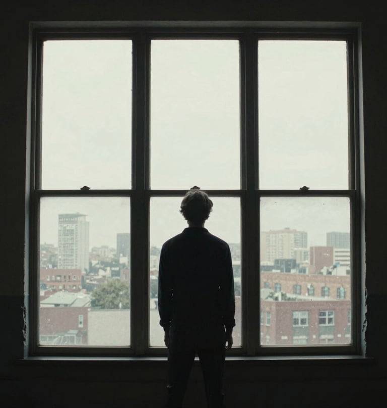 A dramatic movie poster style image featuring a silhouette of a person against a bright window in a North American / US loft, with heavy grain and a deep charcoal atmosphere.