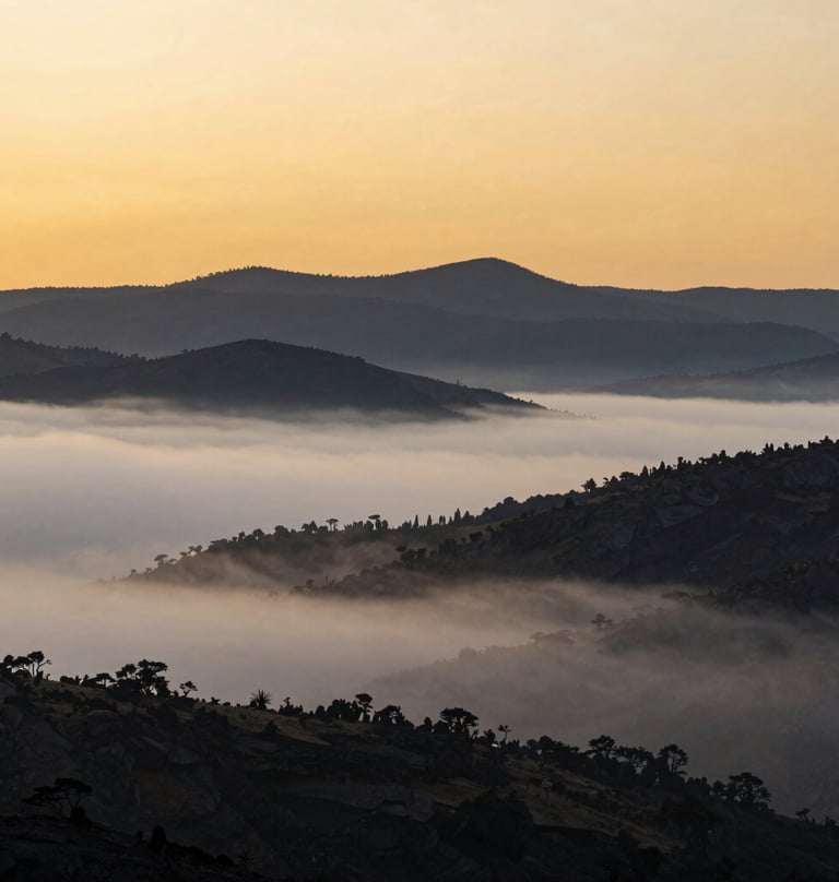 Wide landscape photography of the Angolana highlands at dawn, misty white fog in the valleys, deep obsidian black mountain silhouettes, antique burnished gold sky.