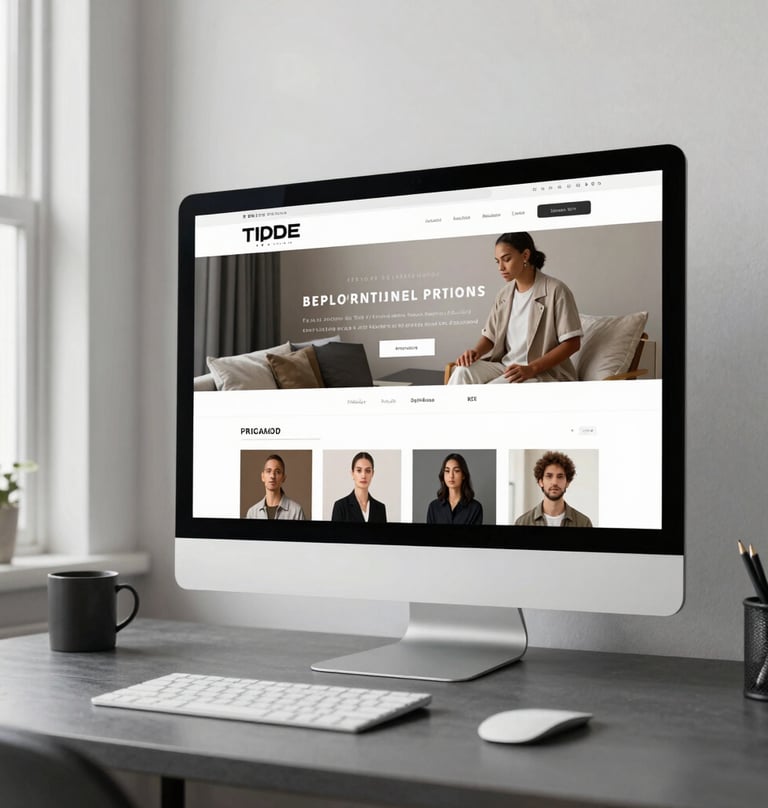 A large desktop monitor in a stylish North American / US home office displaying a sophisticated portfolio homepage, soft white walls, charcoal grey desk, natural window lighting.