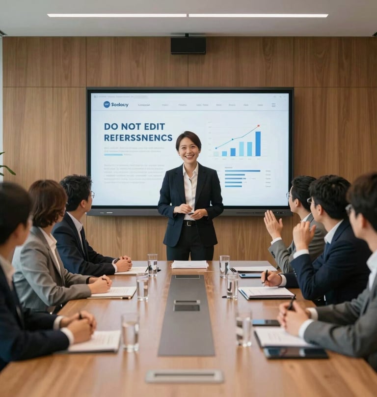 A professional wide-angle shot of a corporate boardroom where a team is reacting positively to a presentation on a screen. The lighting is warm and natural, emphasizing a successful project outcome.