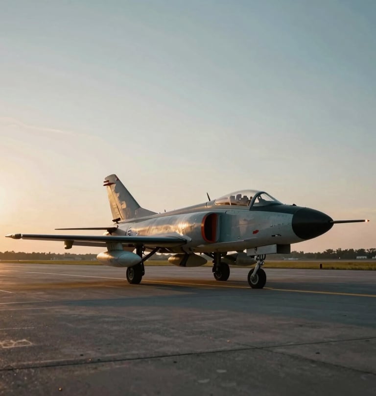 A wide-angle shot of a vintage fighter jet parked on a runway during the golden hour. The sky is a gradient of #5D6D7E and soft light. The aircraft’s silhouette is sharp and powerful.
