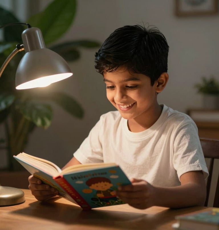 A cheerful South Asian / Indian child reading a storybook under the warm glow of a lamp in a cozy learning nook, smiling and confident, rich green plant in the corner, photography.