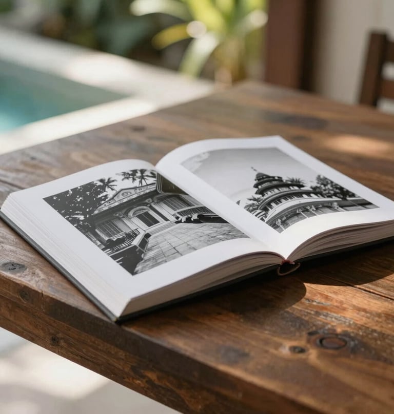 A serene shot of an open photo album featuring black and white photography, resting on a rustic wooden table in a sunlit Bali villa. The style is elegant and timeless.