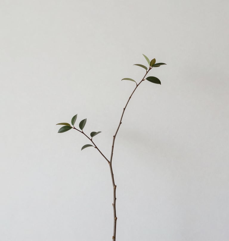 A minimalist composition of a thin branch with few leaves against a neutral #D0D5DB wall. Elegant, soft lighting, contemporary aesthetic.